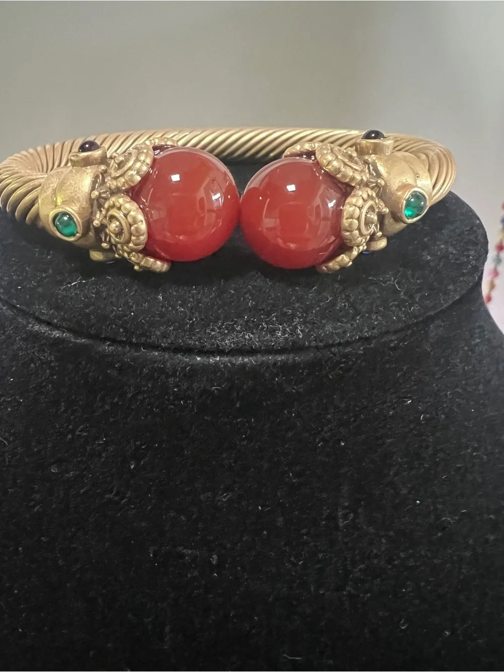 Gold-Tone Twisted Open Cuff with Red Agate Orbs